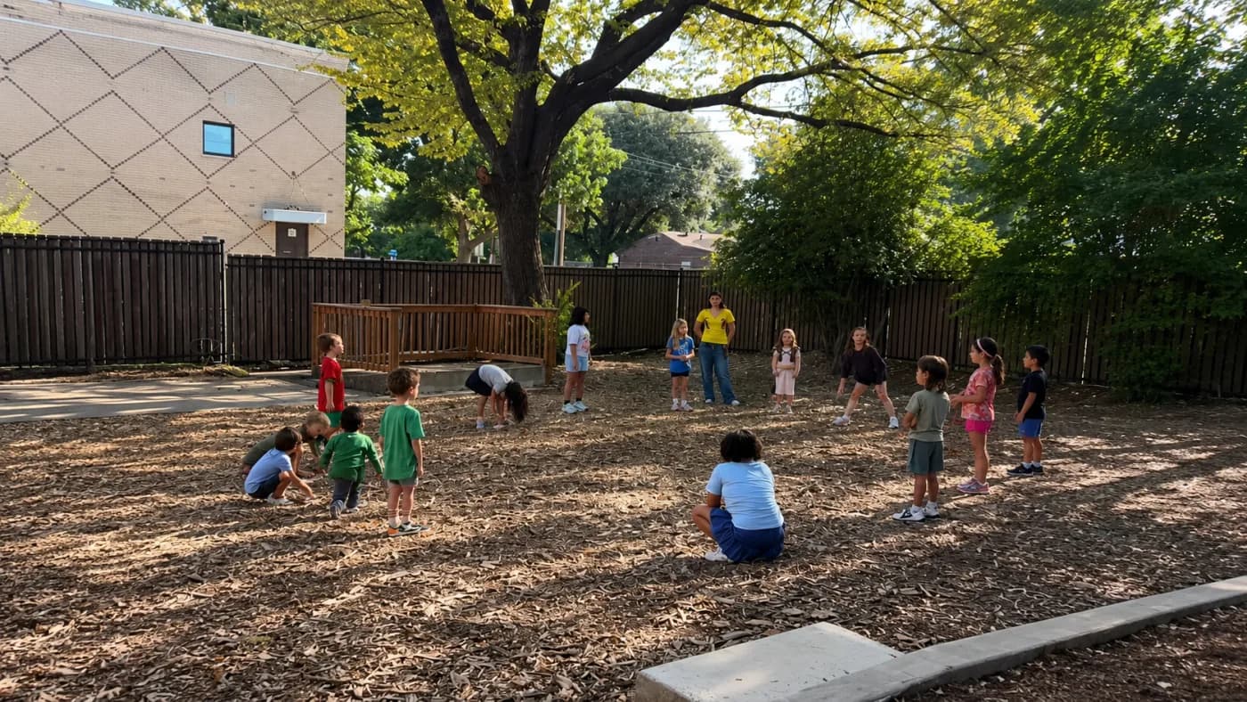 Children playing together in the tree-shaded play yard on a sunny morning