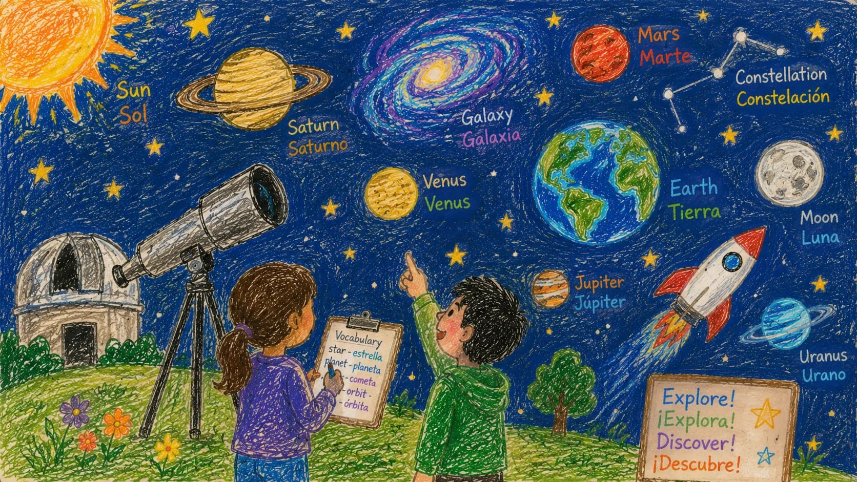 Explore the Galaxy — a hand-drawn summer camp illustration