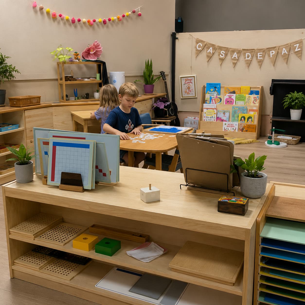 A child focused on Montessori work during the morning work cycle